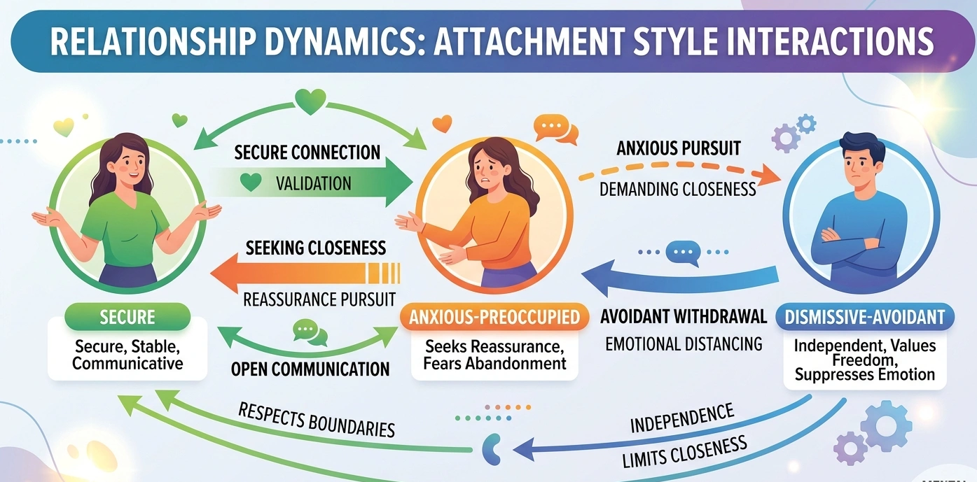 Relationship dynamics between different attachment styles.